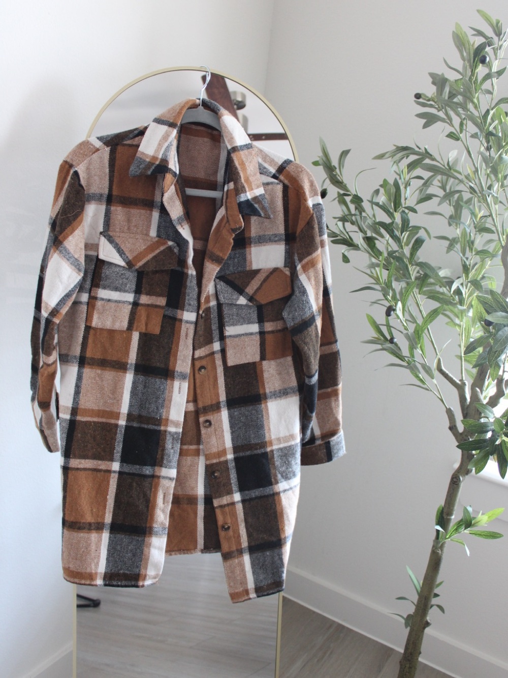 SHEIN Brown Cream and Black Plaid Bomber Jacket